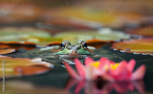 Frog peeking out from beneath a lily pad in a pond. 