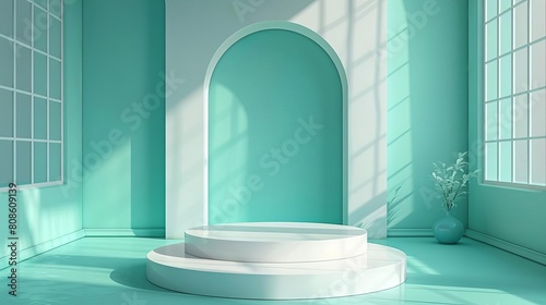 The image is a 3D rendering of a room with a podium in the center