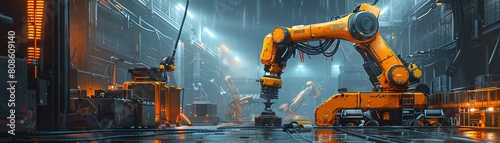 A lone robotic arm works on an assembly line in a dark, rainy factory. The arm is yellow and the factory is blue and grey. photo