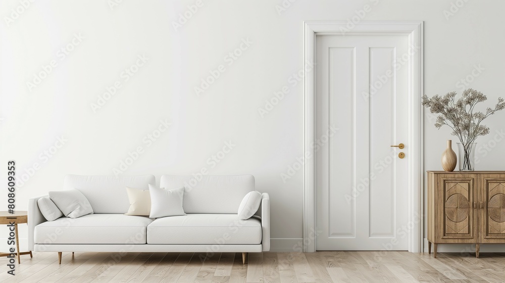 Naklejka premium Cozy sofa next to room door, white blank wall,