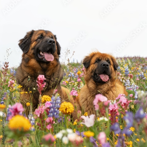 a pair of Tibetan Mastiffs playfully romping through a field of wildflowers in a highland valley isolated on white background  