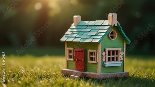 Wooden home friendly on grass. Wooden toy house in green grass banner copyspace. House in forest with greenery around, modern energy efficiency construction © AsPor