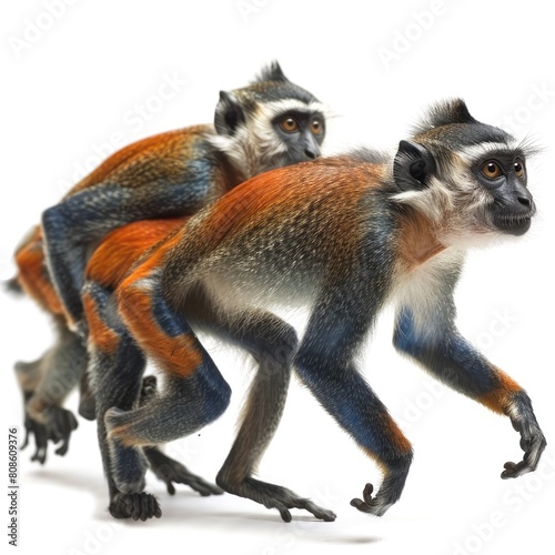 a scene of a family of De Brazza's monkeys moving gracefully through the dense undergrowth of the forest  photo