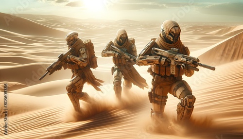 the images of the fantasy desert warriors, skilled in desert combat and equipped for harsh conditions. They are portrayed in rugged, sand-colored armor within a vast desert landscape. photo