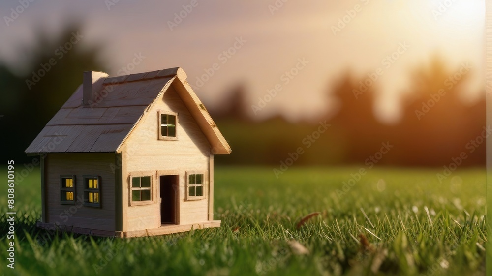 Wooden home friendly on grass. Wooden toy house in green grass banner copyspace. House in forest with greenery around, modern energy efficiency construction