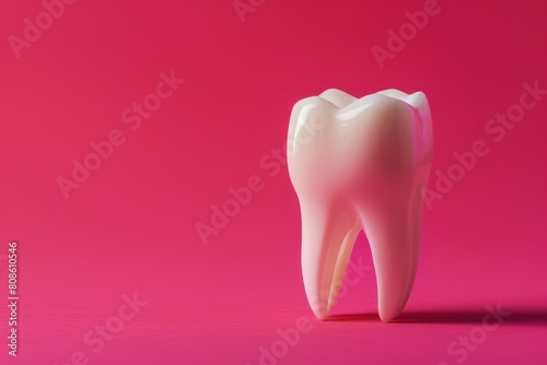 A closeup of a pristine white tooth model set against a vibrant pink background  representing dental care and hygiene