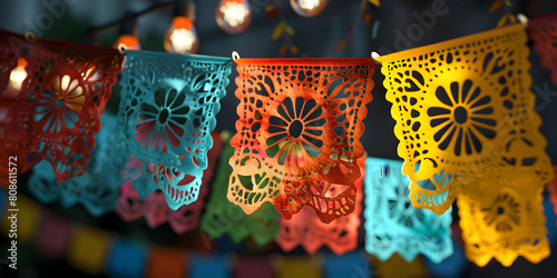 Day of the dead papal pica do decorations in the breeze Colorful paper lanterns hanging in the streets of Cancun. © Fatima