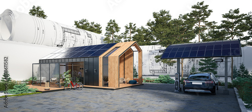 Energy supply at a single family house with solar carport (isolated) - 3D visualization photo