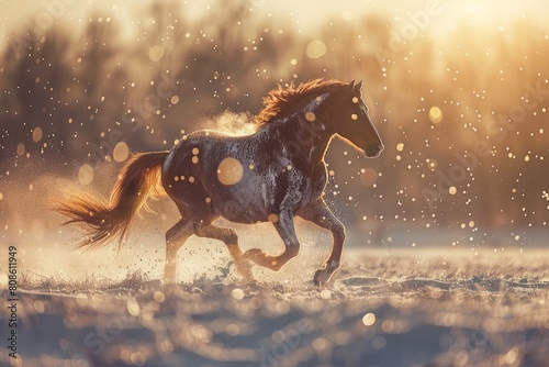 A horse running through the water in the snow at sunset  with falling snowflakes adding a sense of beauty