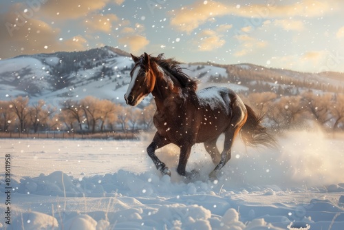 A majestic brown horse running through a snowy field at sunset  snowflakes falling around it