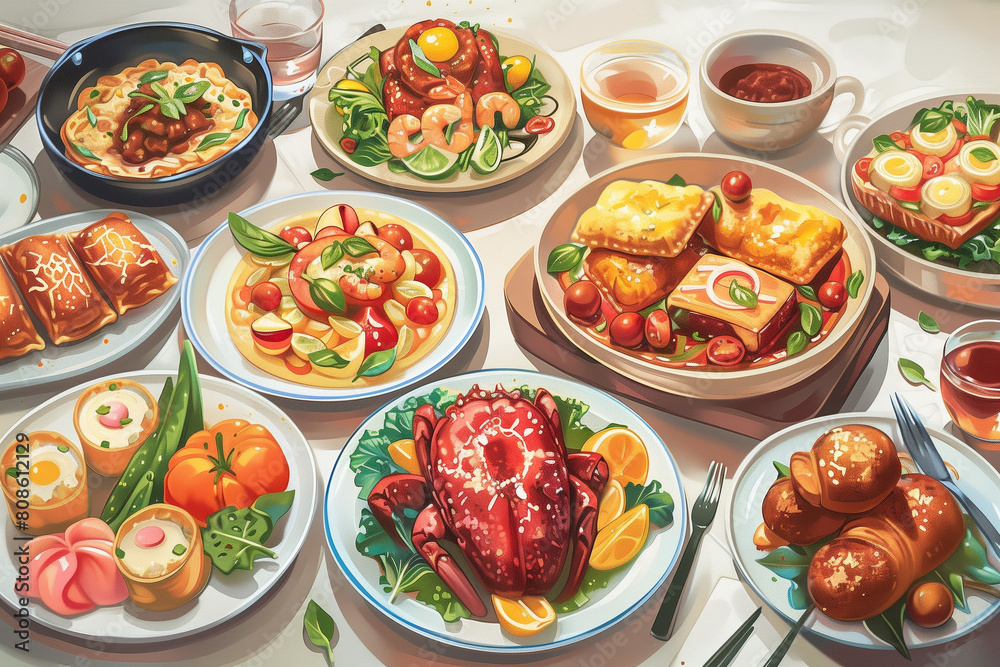 A vibrant vector feast representing worldwide gastronomy, an inviting view of global tastes. AI Generated.