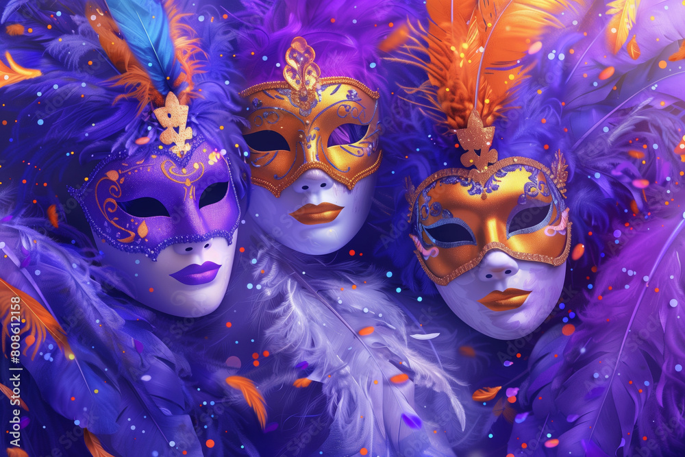 A trio of vibrant masquerade masks in blue and gold, nestled in a flurry of purple feathers, capturing the lively essence of carnival. AI Generated