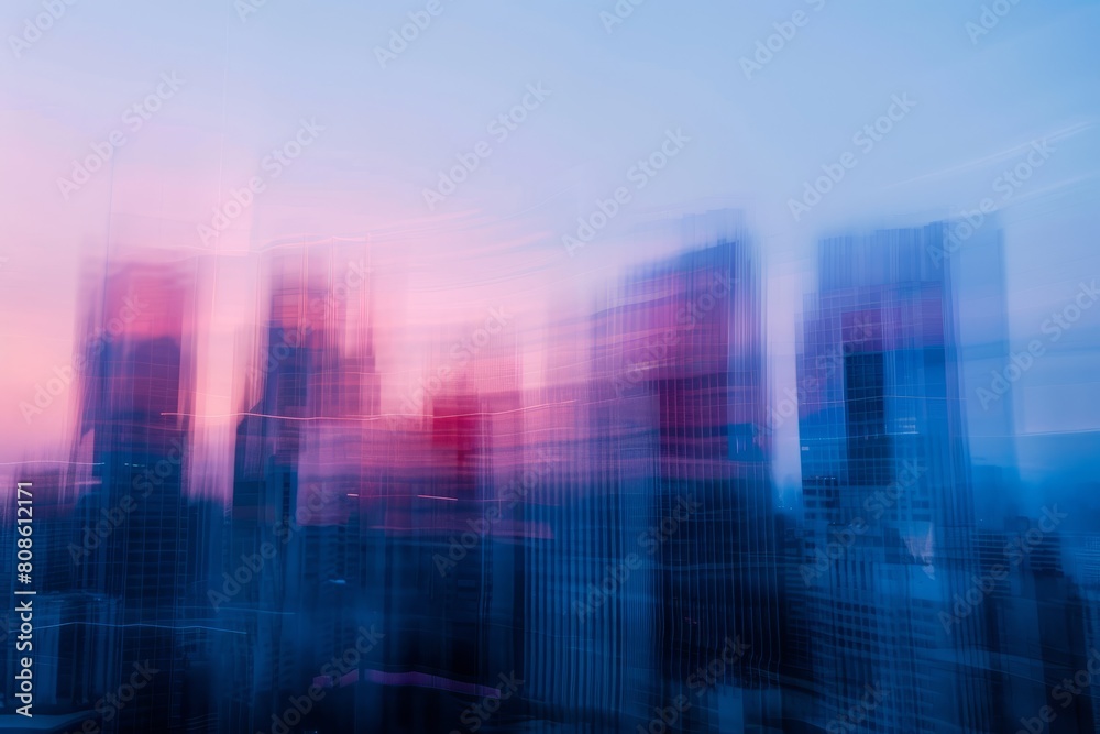 Soft-focused city skyline in blue and pink hues at dusk, capturing an abstract beauty