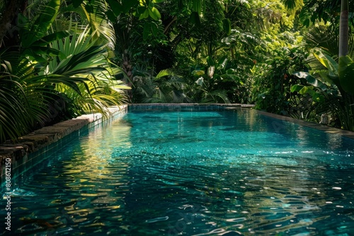 A serene swimming pool surrounded by vibrant green trees  encapsulating tranquility and relaxation