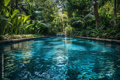 A serene swimming pool encircled by vibrant green trees, offering a tranquil and relaxing setting