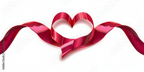 Red ribbon in shape of heart 3d realistic isolated white background, Happy valentine Heart shaped elegant ribbon Symbol of love 