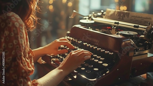 Close-up hands of young woman typing on a vintage typewriter photo