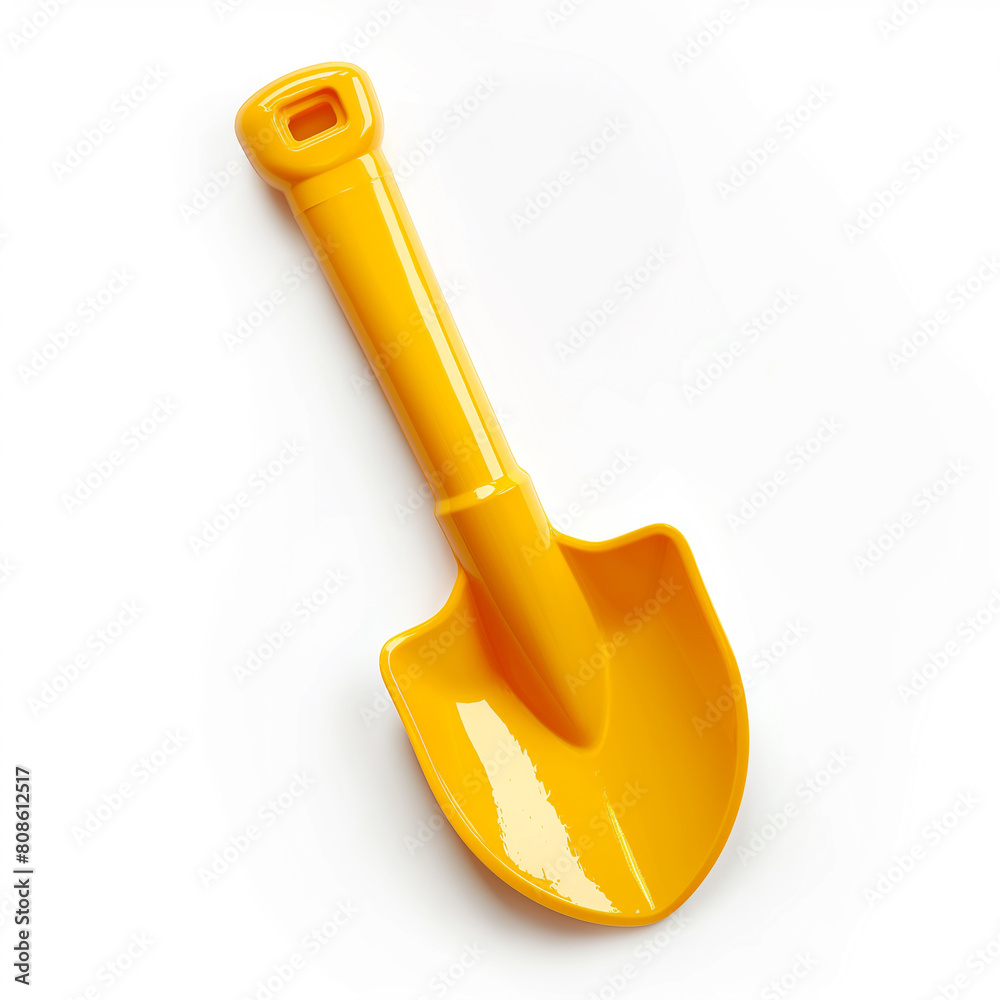 yellow plastic shovel with handle on white surface