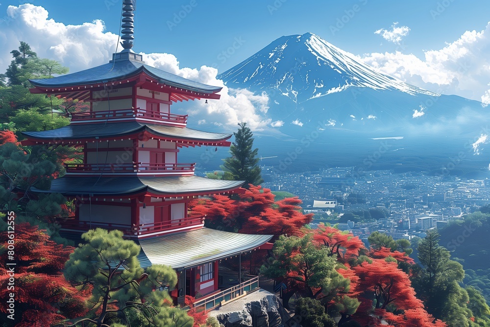Φωτογραφία AI-generated vector composition showcasing a red pagoda with the majestic Mount Fuji and a clear blue sky, capturing the essence of Japan