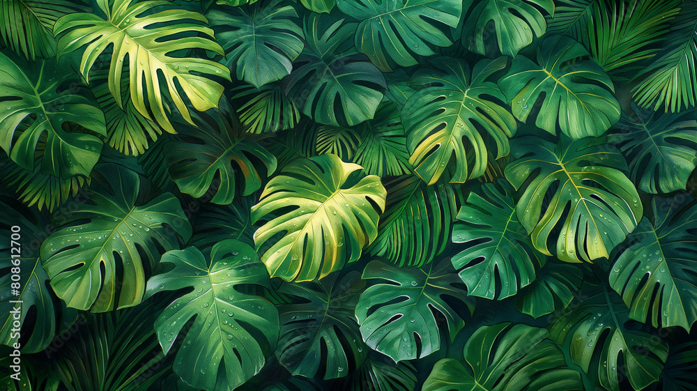 A painting of a lush green forest with large leaves A painting of a lush green forest with large leaves