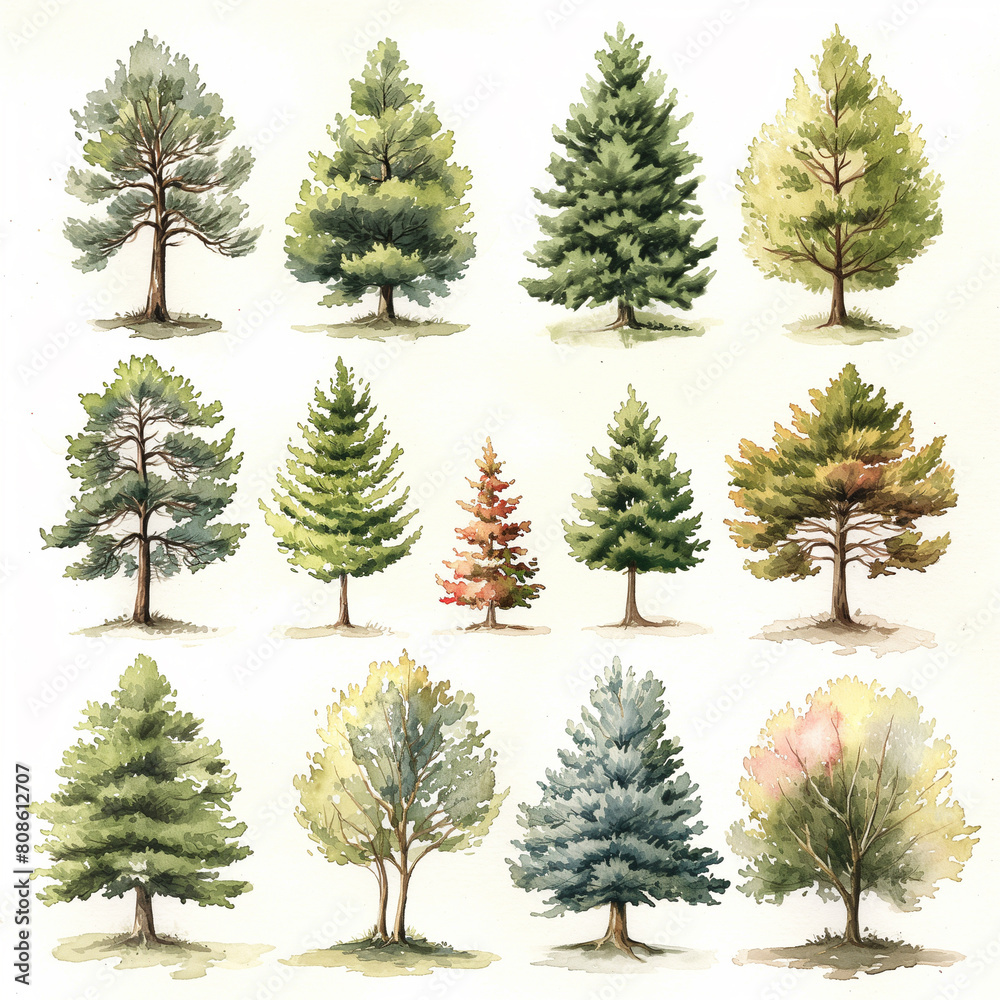 A set of twelve trees, including pine, spruce, and fir trees