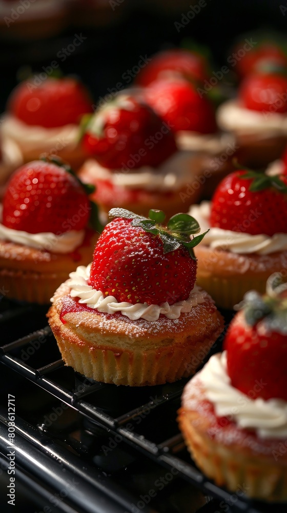 A tray of cupcakes with strawberries on top A tray of cupcakes with strawberries on top