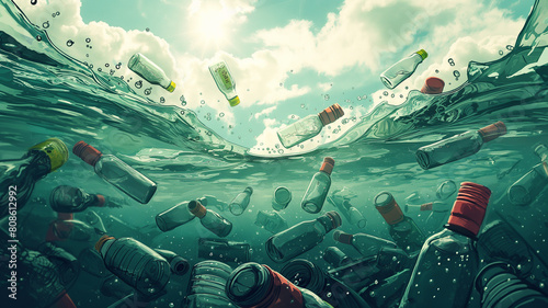 A large number of plastic bottles are floating in the ocean photo