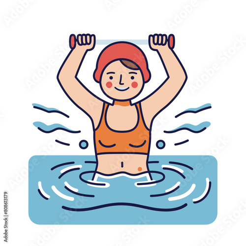 Woman working out water, fitness swimming pool exercise, aquatic therapy session. Female swimsuit swimming cap lifting weights, water aerobics class, healthy lifestyle illustration. Young woman