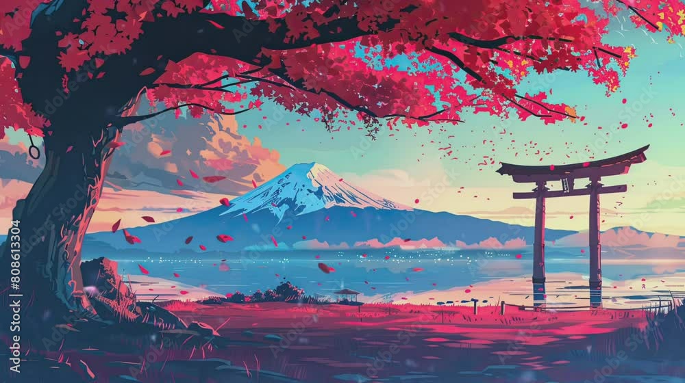 Visual illustration of a beautiful Japanese landscape in anime style, digital art illustration