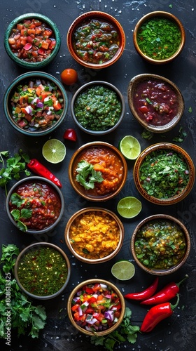 A collection of bowls filled with various types of food  including salsa