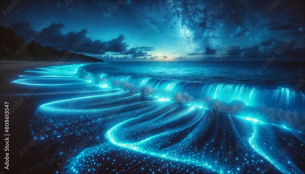 Bioluminescent Waves Gently Caress the Shoreline Under a Starry Sky at Night Bioluminescent Waves Gently Caress the Shoreline Under a Starry Sky at Night