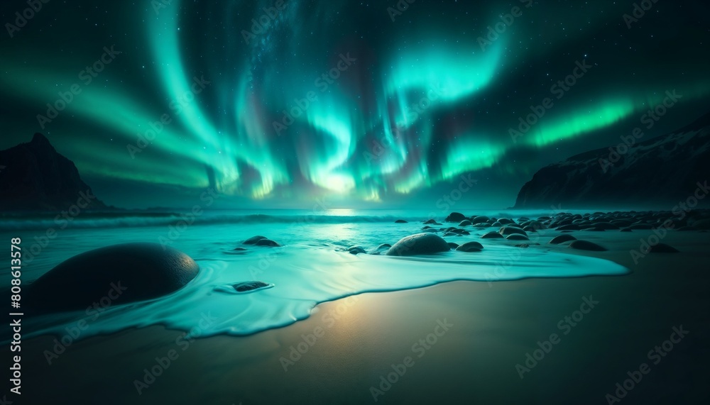Majestic Northern Lights Over Serene Beach at Nighttime
