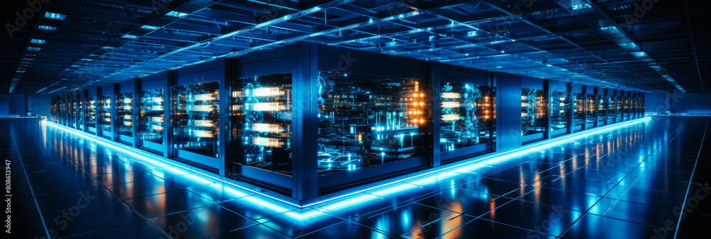 Futuristic All-in-One Data Center Module: High-tech Network Device Cluster in a Vast Corporate Server Room