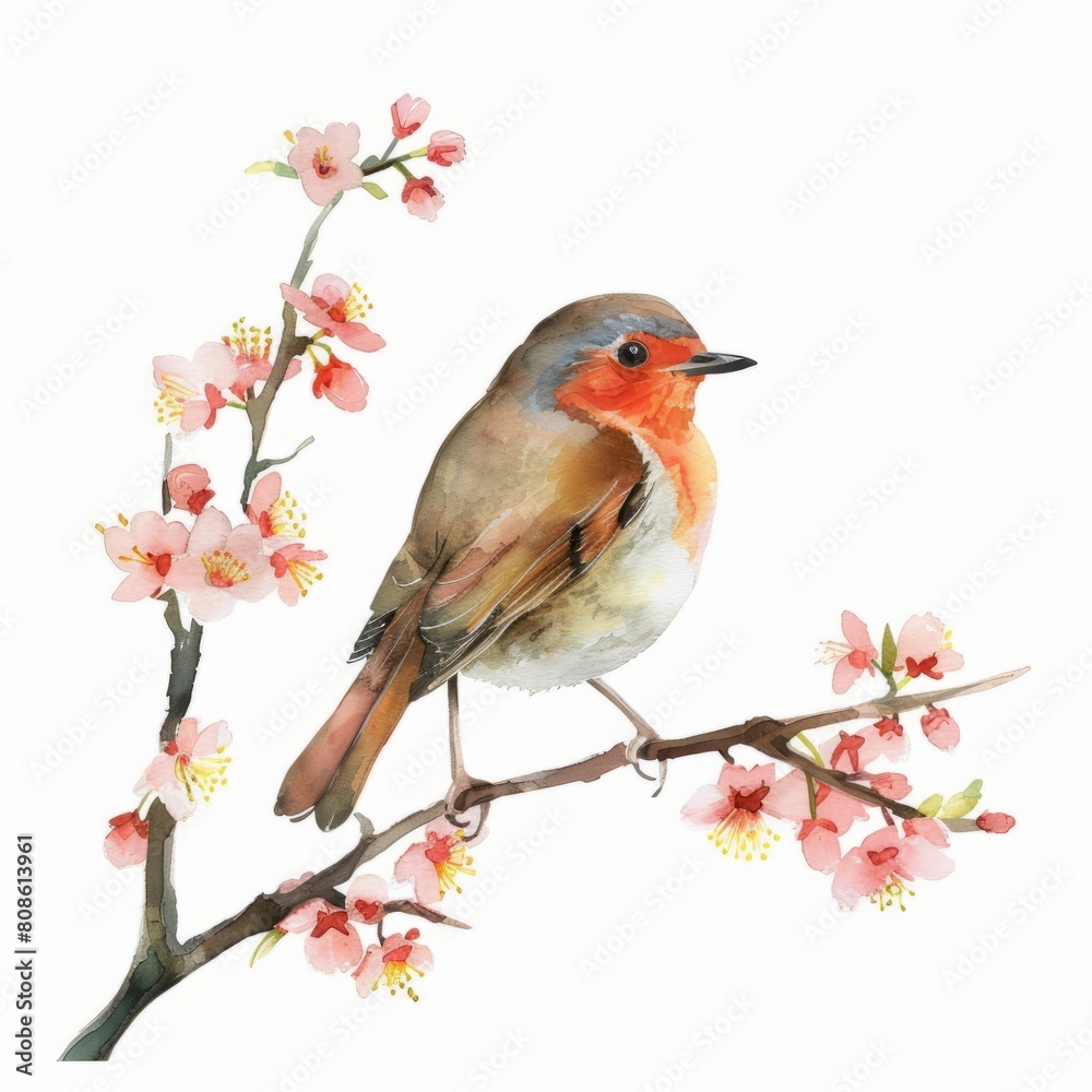  Watercolor painting of a charming robin perched on a blossoming cherry tree branch, on isolated white background, Generative AI