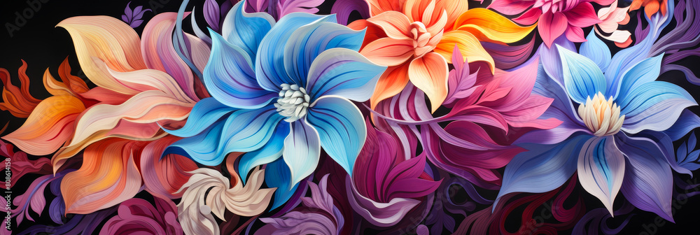 Vibrant Abstract Floral Design with Rich Color Palettes and Surreal Flower Artwork