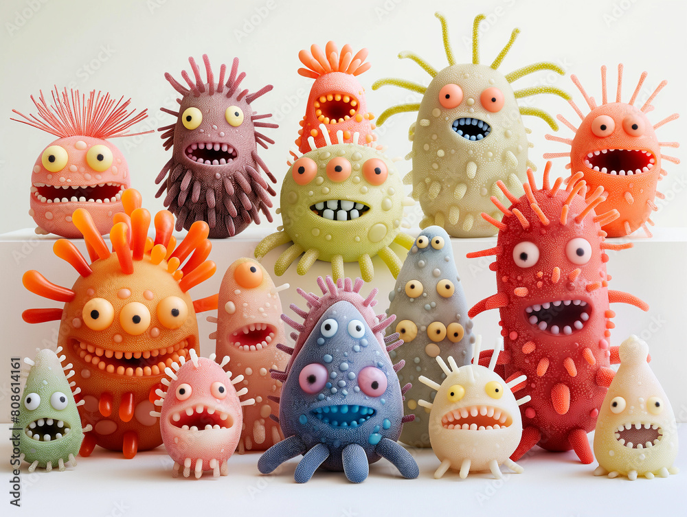 Obraz premium Funny Cartoon Bacteria and Dust with Silly Faces - Microscopic Microorganisms in Humorous Illustration | Cute Microbiology Characters for Allergy and Respiratory Health Concepts