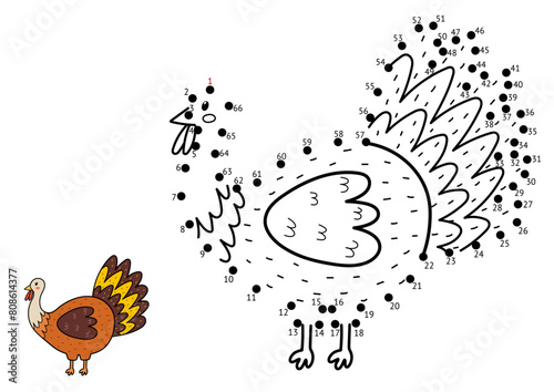 Dot to dot game for kids. Connect the dots and draw a cute turkey. Farm animal puzzle activity page with a funny chicken. Vector illustration