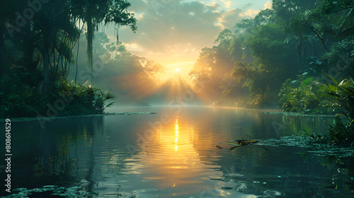 

Morning Serenity Dawn in the Amazon Rainforest,
Sunlight shining through the trees onto a pond with lily pads
 photo