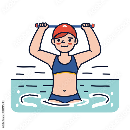 Woman exercising water, aqua fitness workout, female doing water aerobics. Athletic woman swimwear performing hydrotherapy, water resistance exercise. Cartoon character practicing aqua gym, enjoying