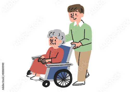 高齢女性の乗った車椅子を押す男性のイラスト