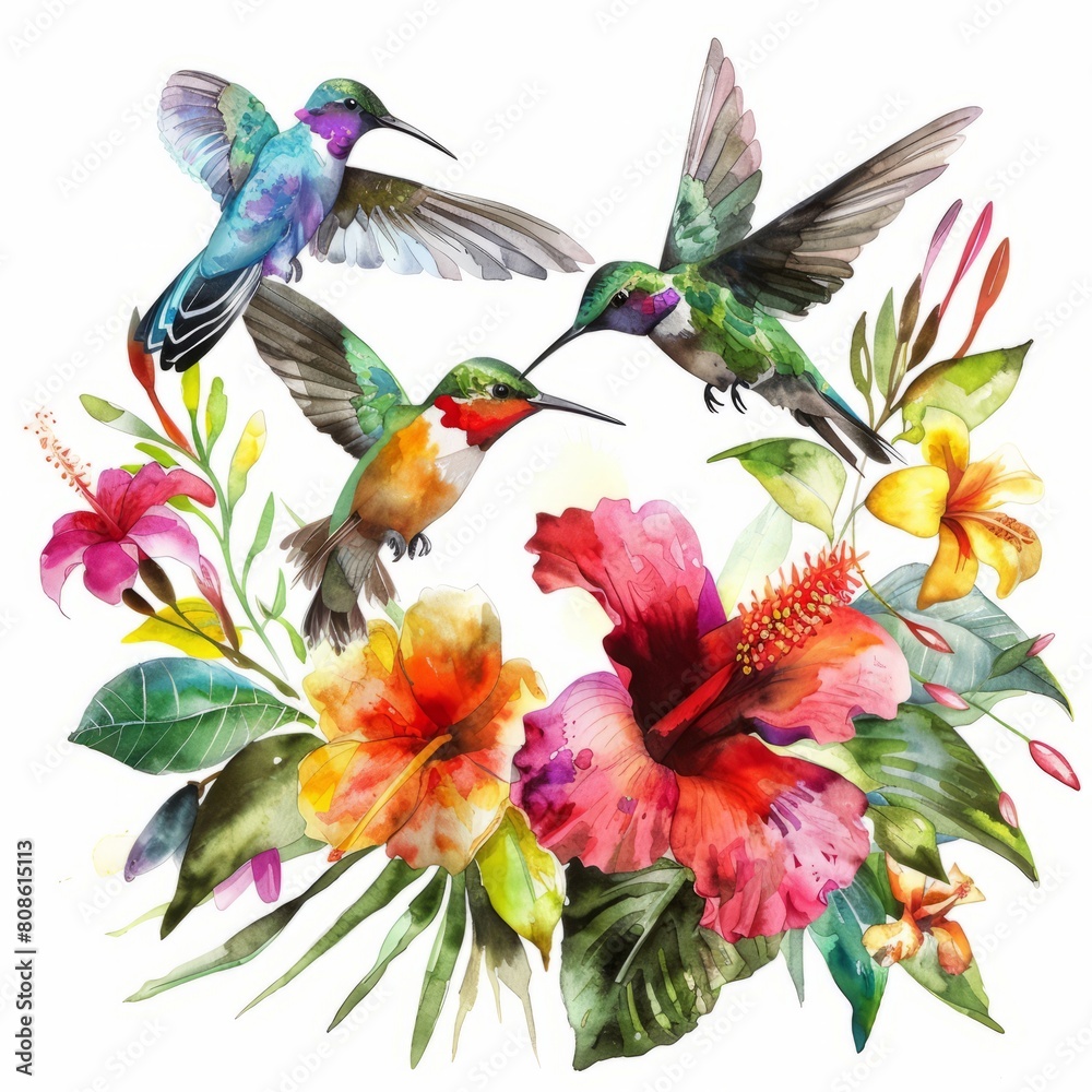 Fototapeta premium Watercolor painting of a group of colorful hummingbirds flitting among tropical flowers, on isolated white background, Generative AI