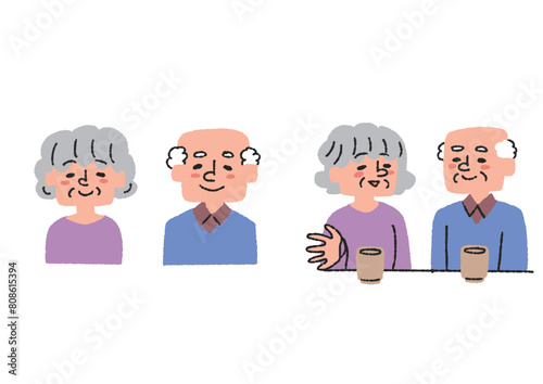 おじいさんとおばあさんの笑顔のアイコンセット