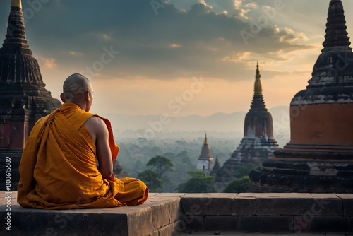 A silhouette of a Burmese monk with bokeh background