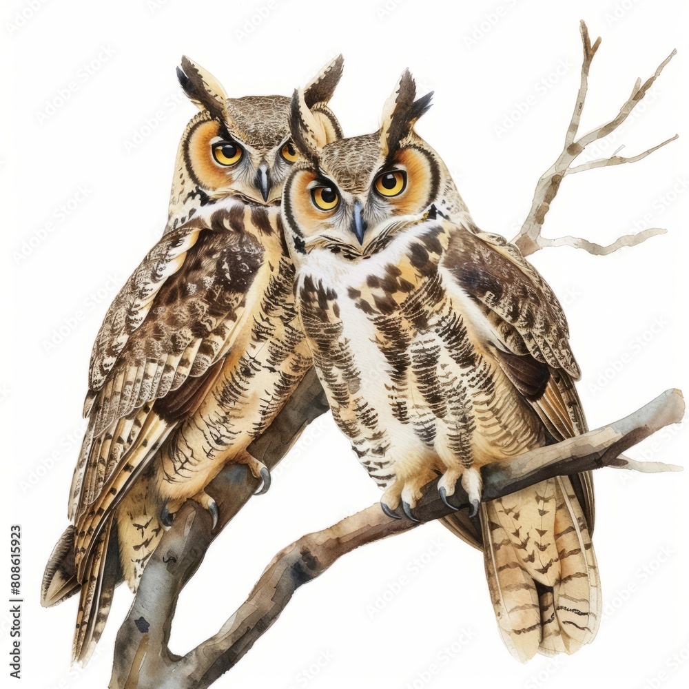 Watercolor painting of a pair of owls perched on a tree branch, on isolated white background, Generative AI Watercolor painting of a pair of owls perched on a tree branch, on isolated white background, Generative AI