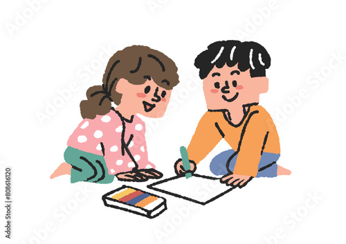 二人でお絵描きをしている子供たちのイラスト　コミカルな手書きの人物　ベクター、線画にカラー