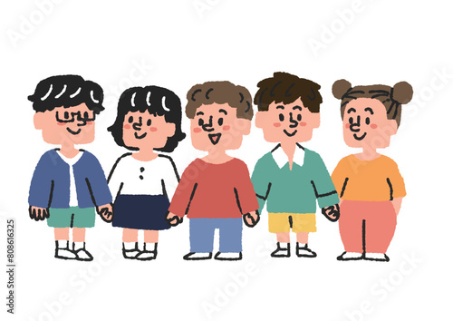 手を繋いで並んでいる5人の子供たちのイラスト　コミカルな手書きの人物　ベクター、線画にカラー