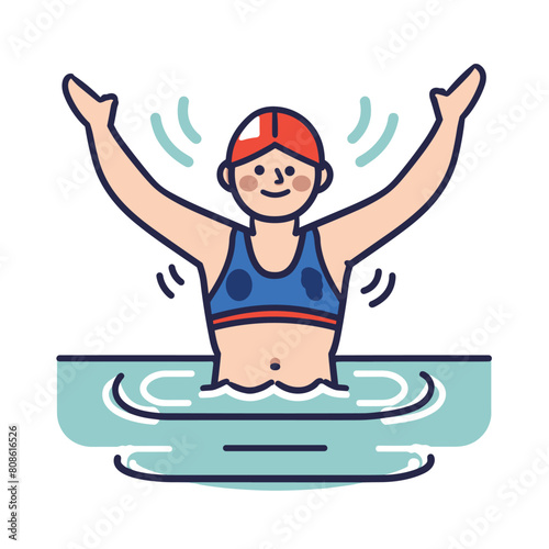 Female swimmer celebrating victory pool cartoon style illustration. Young athlete swimming cap goggles excited winning race swimming pool. Smiling swimmer arms raised triumph aquatic sport cartoon