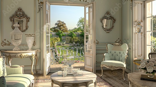 An elegant Parisian-inspired living room with pastel walls, antique furniture, crystal vases, and French doors opening onto a small balcony with a view of a formal garden photo