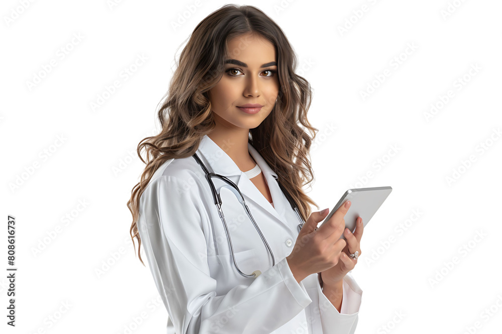 Woman doctor standing and holding tablet on isolated transparent background Woman doctor standing and holding tablet on isolated transparent background