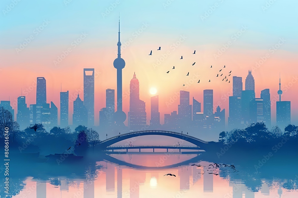 Obraz premium Tranquil Cityscape: Stylized Illustration of Urban Serenity